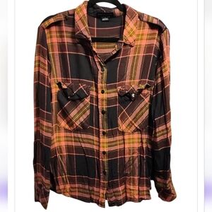 Sanctuary Plaid Boyfriend Shirt Button Up Top Size Large Pink Warm Multi-colored